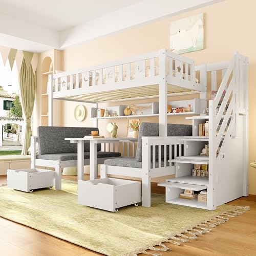 SACOOL Cama alta multifuncional, 90 x 200 cm, cama 2 en 1 y escritorio, escalera de almacenamiento, valla decorativa con estrellas y luna, color blanco