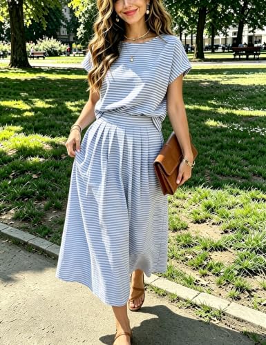 Image of Zontroldy Women's Summer 2 Piece Outfits Striped Skirt Sets Cap Sleeve Crop Top Midi Dress Matching Travel Outfits