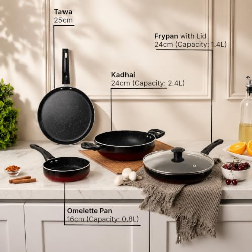 Image of Kreme Aura Granite Non Stick Cookware Set 7pcs | Aluminium Cookware Set | Non Stick Flat Tawa, Fry Pan, Sauce Pan, Kadhai with Glass Lid | Uses Less Oil | Induction Gas Stove Compatible, Red