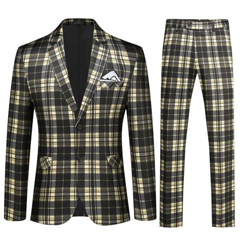 YFFUSHI Mens Slim Fit Suits 2 Piece Plaid Button Casual Formal Blazer Pants Set