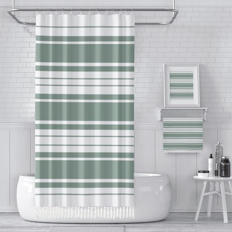 KIZAMI Rideau de Douche à Pompons 183 × 213 cm, Rideau de Douche à Rayures Simples, Rideau de Douche en Polyester-Coton, utilisé pour la Maison, l'hôtel, la Salle de Bain, Le Rideau de Douche