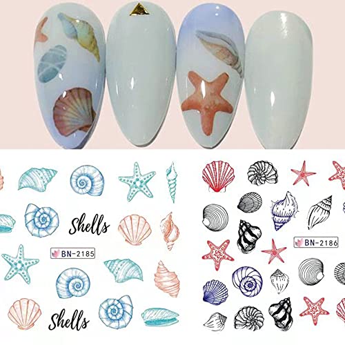 Nail Art Stickers Sea Shell Nail Decals Water Transfer Nail Foil Nail Supplies Summer Party Nail Designs Water Sliders Nail Decor Nail Supplies Nail Decorations Accessories For Women 12Sheet #TOP2