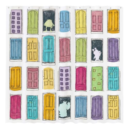 Funnytree Cartoon Door Shower Curtain 72x72 - Waterproof Fabric Bathroom Decor for Kids Boys Girls Men Women Easy Care Washable (Hooks Not Included)