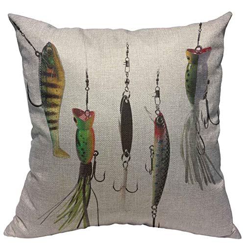 VERSUSWOLF Throw Pillow Covers Fishing Various Type of Fishing Baits Hobby Leisure Sports Hooks Catch Elements Image Multi Cotton Linen Decorative Square Pillowcases Cushion Cover 18 X 18 Inch