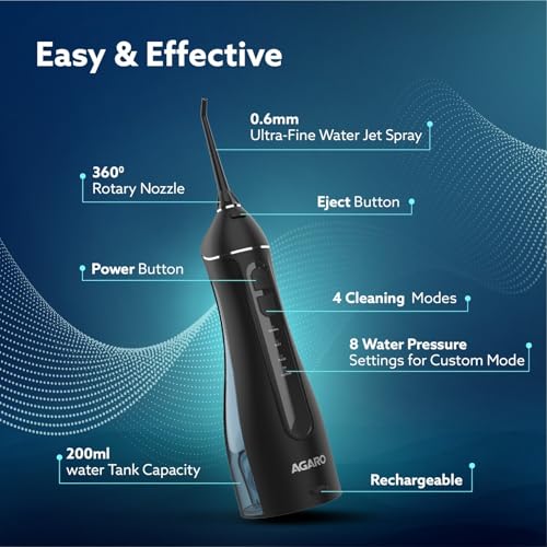 Image of AGARO Ultra Oral Irrigator, Portable, Cordless, Rechargeable, 4 Cleaning Modes, IPX7 Waterproof, 200ml Water tank, Flossing at Home & Travel, Black