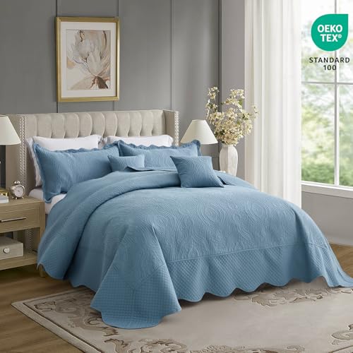 Image of HZ & HY Oversized King Bedspread, Embossed Damask Quilt Set King /Cal King, Lightweight Reversible Coverlet, Scalloped Edge - Calm Blue Classic Look, 5 Piece, Ashley Blue
