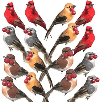 Feathered Song Bird Clip-On Ornaments - Set of 16 - Assorted Styles - Cardinals, Orioles, Finches and Chickadees with Red Berries - Each Measures 4 Inches