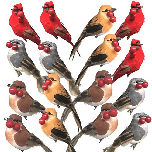 Feathered Song Bird Clip-On Ornaments - Set of 16 - Assorted Styles - Cardinals, Orioles, Finches and Chickadees with Red Berries - Each Measures 4 Inches