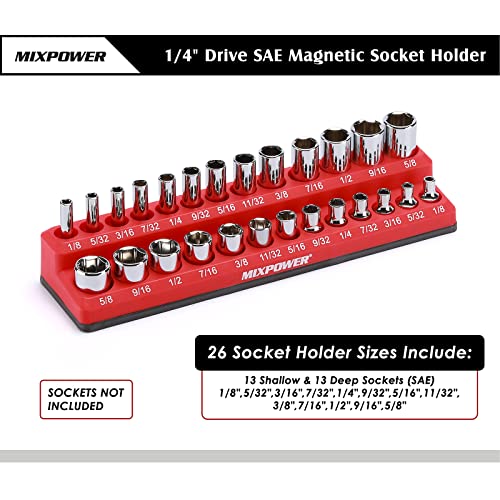 Mixpower 1/4" Sae Magnetic Socket Organizer, Holds 13 Piece Shallow Socket And 13 Piece Deep Sockets, Total 26 Slot, Red, Sae, Magnetic, Heavey Duty #TOP1