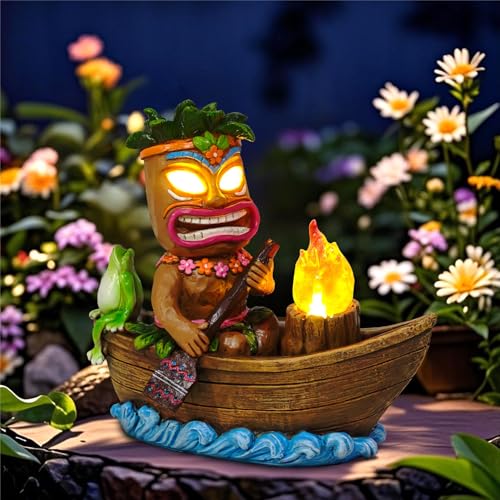CFFOWNUG Solar Tiki Outdoor Statues: Funny Tiki Bar Decor with Solar Light Outside Decoration for Lawn Yard Patio Garden Gifts for Housewarming (Boating)