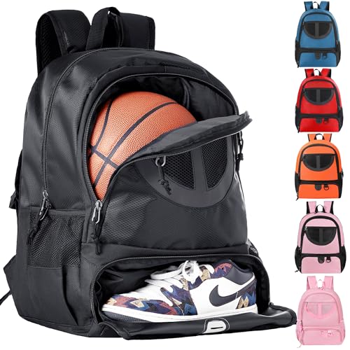 TRAILKICKER Mesh Black Soccer Backpack Sports Volleyball Football Basketball Stuff Bag with Ball and Shoe Compartment for Boys Girls Man Women