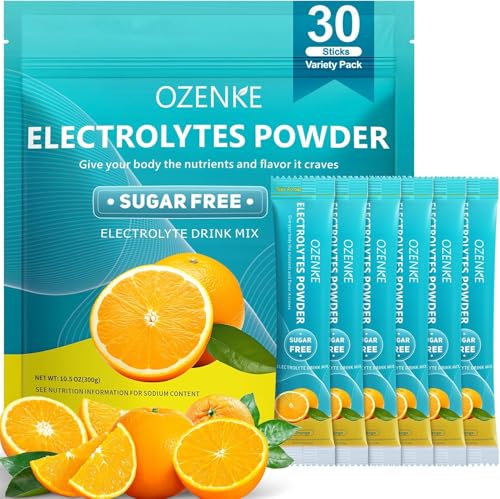 OZENKE Electrolytes Powder Packets, 30 Sticks Hydration Packets Sugar Free, Electrolyte Drink Mix Portable Electrolyte Packets for Rapid Hydration, 0 Sugar & 0 Calorie, Orange Flavor