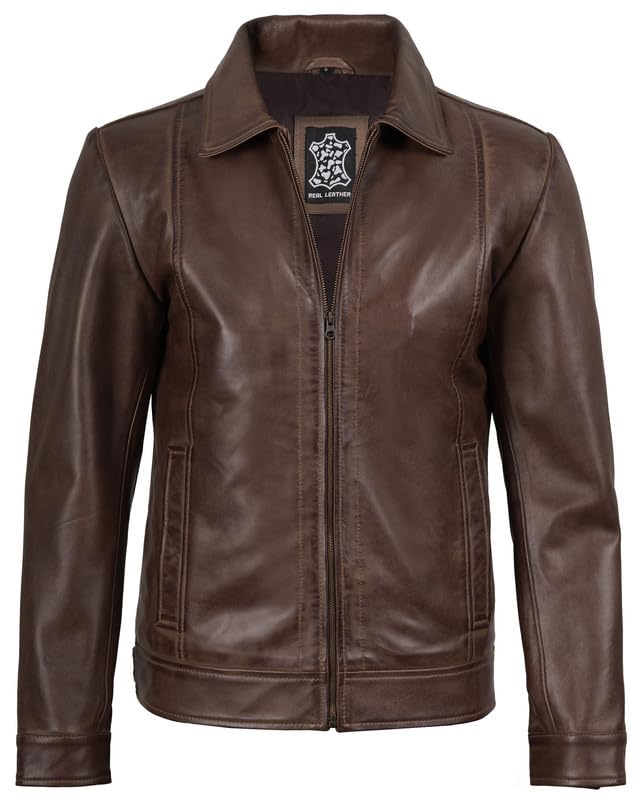 Image of Blingsoul Vintage Distressed Leather Jacket for Men - Shirt Collar Genuine Lambskin Mens Leather Jacket