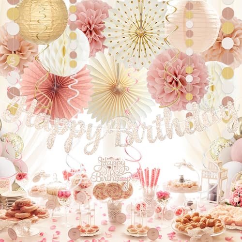 Image of Boho-Pink Birthday Decorations, Happy Banner, Women Paper Lanterns Honeycomb, One Sweet Peach Streamers Garland, Retro Blush Pink Beige Metallic Gold Balloon for Birthdays Party Decor