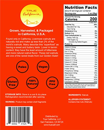 True California Livermore Red Walnut Halves and Pieces (8 Ounce), Transitioning to Organic, Raw, No Salt, No Roast, US #1 Grade, Shelled, Healthy Snacks, Good Keto Fats, Natural Antioxidants, Plant-Based Protein and Omega3’s, Vegan Superfood for Pantry,
