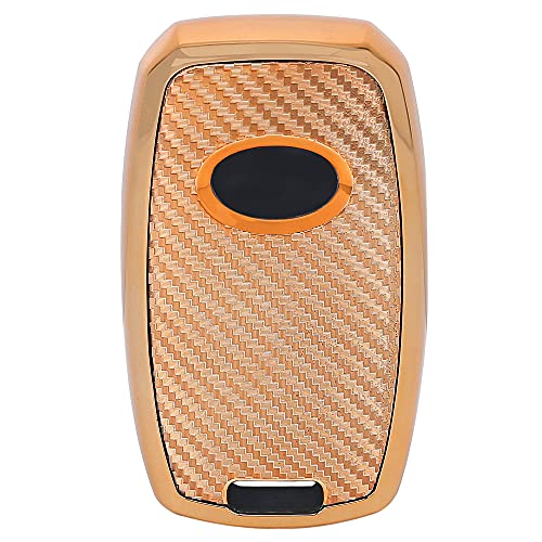 Image of JVCV Soft TPU Carbon Fiber Style Car Key Cover Compatible with Kia Seltos Sonet Carens 3 Button Push Start Car Key (Gold)