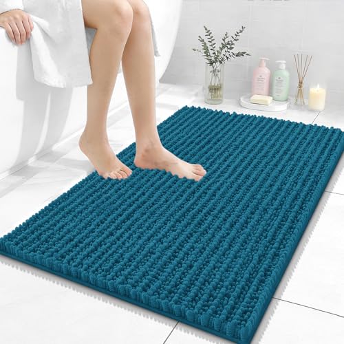 Image of OLANLY Bathroom Rug Mat 36x24, Thick Soft and Absorbent Chenille Bath Mat, Non-Slip Rubber Backing, Machine Washable Quick Dry Bath Rugs for Tub Shower Floor, Home Decor Accessories, Peacock Blue
