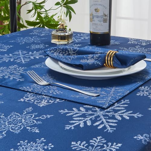 Rectangle Fancy Metallic Sparkling Snowflake Christmas Fabric Table Cloth red Hunter Gold Navy White Silver No-Iron Soil Resistant Woven Holiday Table Cover(Navy Silver/52x70Inch) – Image 7