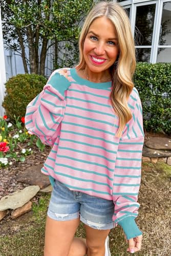 Women's Pink Stripe Trimmed Round Neck Drop Shoulder Sweater3