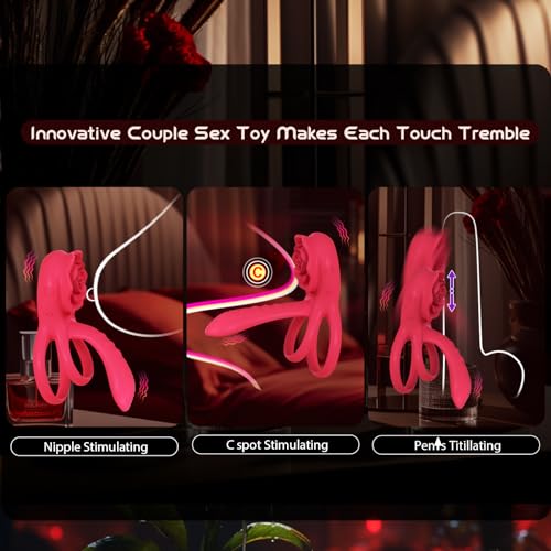 Image of Vibrating Cock Ring Penis Sleeve with Rose Clitoral Stimulator, Penis Ring Vibrator Couples Adult Sex Toys for Men Women, Male Female Couple Sex Toy with G Spot Clitoris Vibrator
