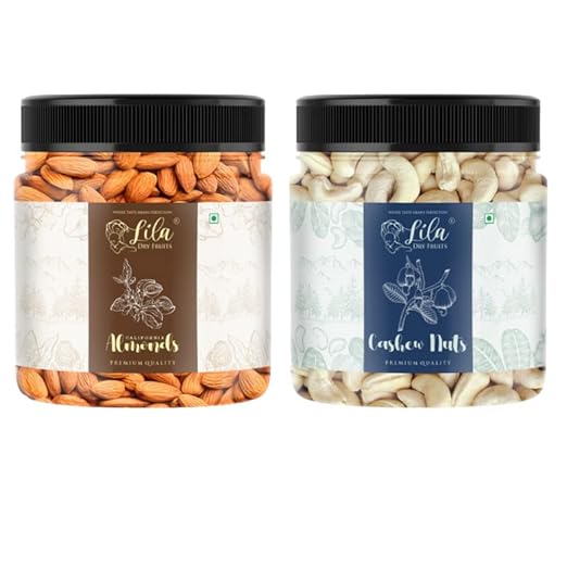 100% Natural Premium Dried, Nutritious & Delicious Cashew & California Almonds Jar Pack 250gms each(500gms total) | Premium Badam Giri & Kaju | High in Fiber & Boost Immunity