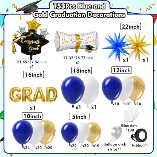 Image of Royal Blue and Gold Graduation Balloons Garland Arch Kit 153Pcs, Graduation Decorations 2026 with Grad Cap, Certificate & Star Foil Balloons for Class of 2026 College High School Prom Supplies