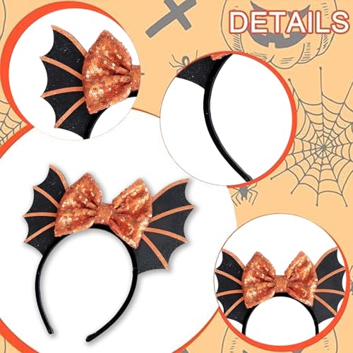 Halloween Headband Party Decorations for Girls, Halloween Hair Accessories Cute Orange Sequined Bow Bat Hair Hoop Hallowen Headbands for Women Girls Makeup Costume Decoration Party Photo Props - Image 4