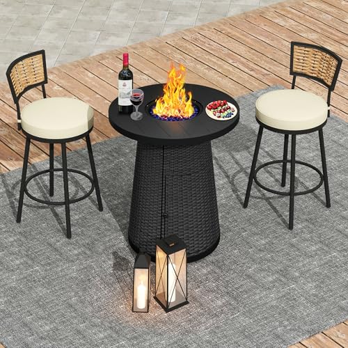 PIZZELLO 3-Piece Patio Swivel Bar Set with 37" Height Propane Round Firepit Table and High Swivel Stools Chair Set of 2, Outdoor High Top Bistro Set for Poolside, Garden, Balcony(Black)