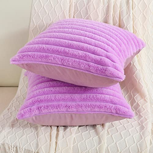 FUTEI Purple Striped Decorative Throw Pillow Covers 24x24 Inch Set of 2,Square Fall Decorations Couch Euro Pillow Case,Soft Cozy Faux Rabbit Fur & Velvet Back,Modern Home Decor for Bed