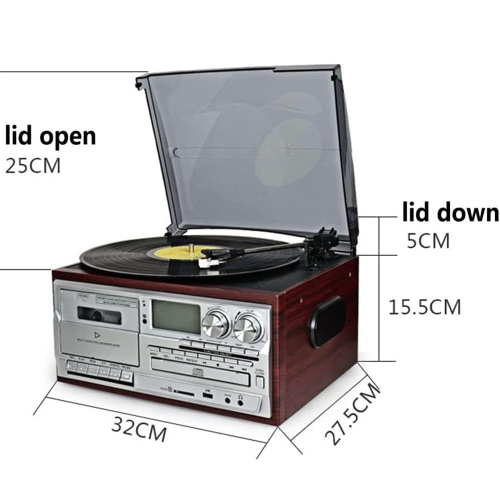 Tourne-disque Bluetooth avec haut-parleurs intégrés – Tourne-disque vintage à 3 vitesses, lecteur CD et cassette, couvercle anti-poussière givré pour moins de bruit – Idéal pour le divertissement