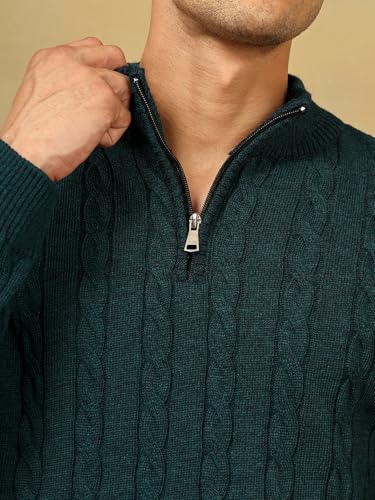 Image of Kvetoo Men's Wool High Neck Zipper Sweater, Full Sleeve Cable Knit Quarter Zip Winter Pullover