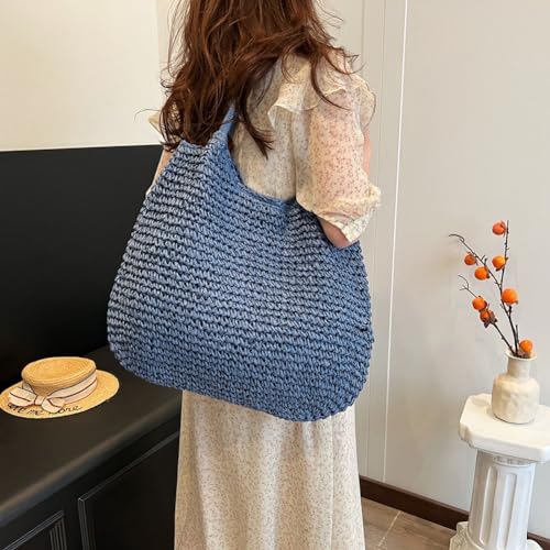 Bolso de playa grande de paja, estilo retro, con cierre de pestillo, bolso de mano tejido para damas, bolsos tipo tote para verano miniatura 4