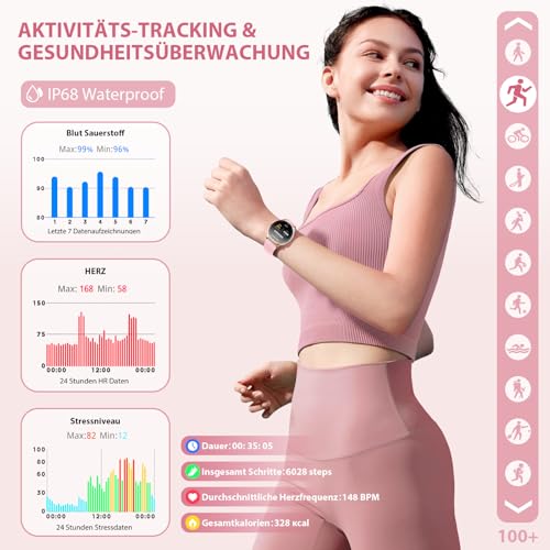 Smartwatch Damen Rund Dünne Fitnessuhr für Android/iOS, IP68 Wasserdicht – Ansicht 2