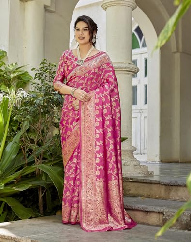 Image of Yashika Women's Trendy Pure Banarasi Kanjivaram Saree with Blouse Material