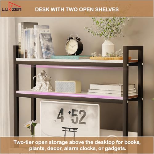 Image of Lukzer 3-Layer Standing Computer Desk with Built-in Bookshelves & Storage Units | Engineered Wood & Metal Study Table for Home, Office, Students (MST-006 / Black & White / 147x84x50cm)