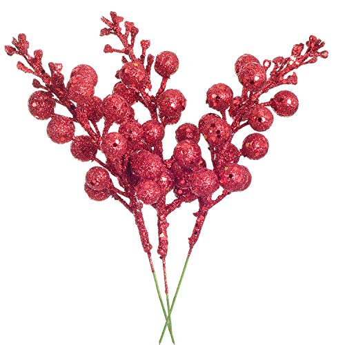 Lvydec 16pcs Christmas Glitter Berries Stems Clearance, 7.8" Artificial Christmas Picks for Christmas Tree Ornaments, DIY Xmas Wreath, Crafts, Holiday and Home Decor (Red)