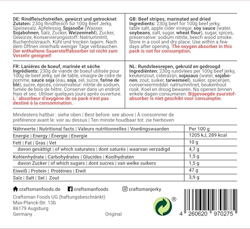 Craftsman Beef Jerky ORIGINAL 250 g (5 x 50g) | Trockenfleisch aus Deutschland - Bayern | American Jerky Set | 100% Rindfleisch | Original | Meat Snack MADE IN GERMANY