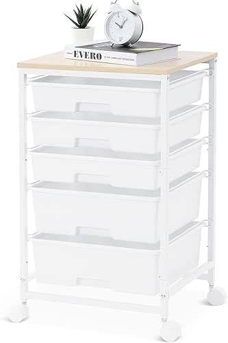 Utility Cart with 5 Drawers,Storage Drawer Cart with Wooden Tabletop