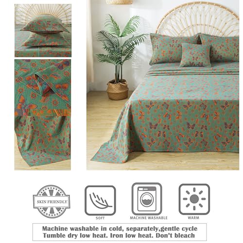 Image of FADFAY Butterfly Sheets Set Queen Vintage Green Red Floral Bedding Shabby Farmhouse Bedding Super Soft Washed Double -Layer Muslin Sheets 100% Cotton Deep Pocket Fitted Sheet 4Pcs, Queen Size