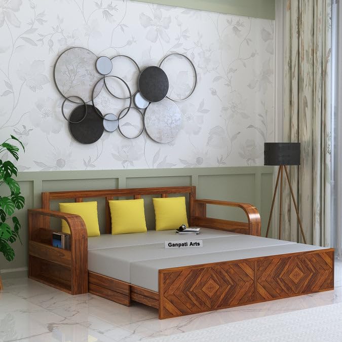 Ganpati Arts Solid Sheesham Wood Wave 3 Seater Sofa Cum Bed with Footboard and Side Pockets for Storage Wooden Sofa Furniture for Living Room Home (Natural Finish)