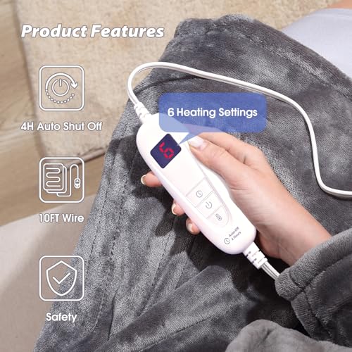 Image of Tefici Electric Heated Blanket Throw, Super Cozy Soft 2-Layer Flannel 50 inch x 60 inch Heated Throw with 6 Heating Levels & 4 Hours Auto Off, Machine Washable, ETL&FCC Certified, Home Office Use,Grey