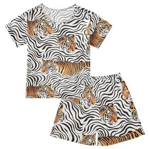 ALAZA Tiger Chevron Striped Pajamas Short Sleeve 2 Piece Sleepwear Top and Bottom Pajama Set Unisex