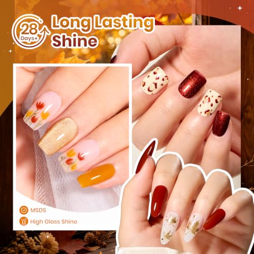 Image of Beetles Fall Gel Polish Set, 6 Colors Brown Gold Red, UV LED | 6 warm fall shades with gold shimmer, glitter, brown, red and mustard yellow tones.
