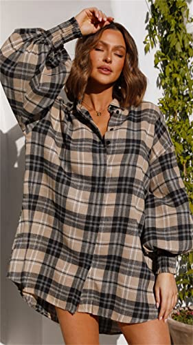 Plaid Flannel Shirts for Women - Oversized Long Sleeve Button Down Shirt Dresses Shacket Blouse Tops3