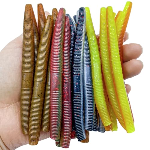 Bnqoe 30Pcs 4'' Wacky Worms Soft Fishing Lures Worm Soft Plastic Bass...