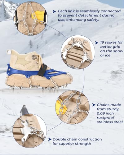 Sportneer Ramponi da Ghiaccio a trazione, 19 Denti 201 Inox Copertura Antiscivolo per Scarpe da Neve, ramponi per scarponi, Protezione sicura per Camminare, Jogging, Pesca, Camp