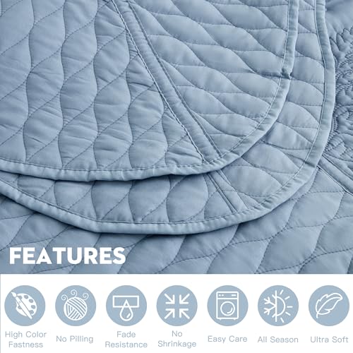 Image of Bedspread oversized Full 96x110,Beautiful Leaf Stitching,5 PC, Ashley Blue