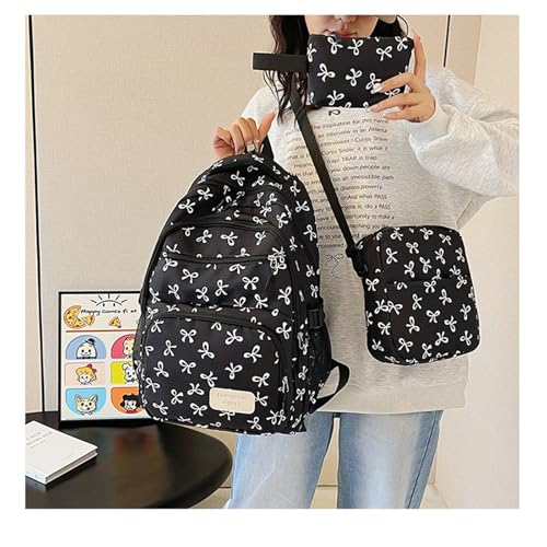 Pink Bow Backpack for Girls, Coquette Backpack Cute Kawaii Nylon Rucksack, Cute Bow Backpacks 3pcs Set (Black)2