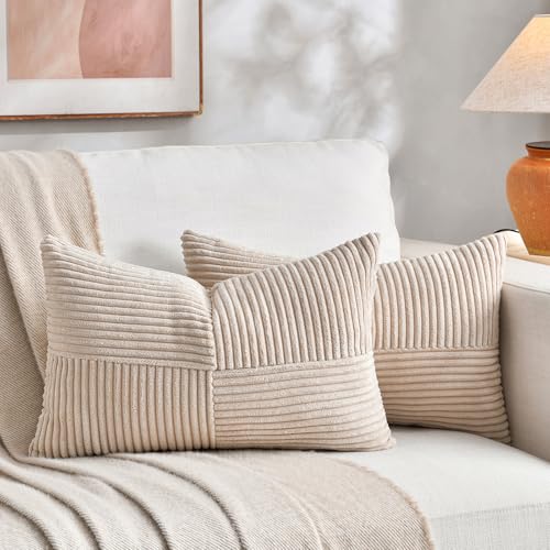 Image of Fancy Homi 2 Packs Tan Long Lumbar Decorative Throw Pillow Covers 12x24 Inch for Couch Bed Sofa, Rustic Farmhouse Boho Home Decor, Soft Striped Corduroy Rectangle Accent Beige Cushion Case 30x60 cm