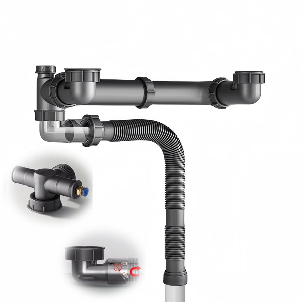 Azonee Flexible Pipe Kit for Double Kitchen Sink, 45 or 58 mm Drain Kit, Space-Saving All-In-One Drain Kit for Kitchen, Bathroom, Restroom